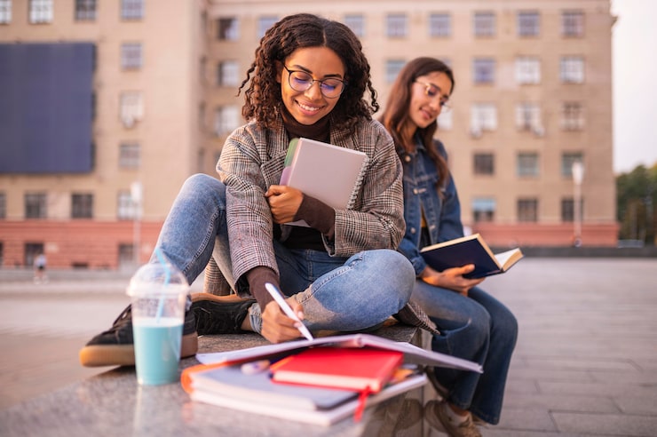 Students studying accounting and finance together outdoors